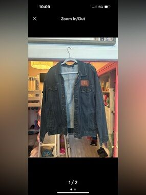 Rocawear Black Denim Jacket with Brown Leather Patch